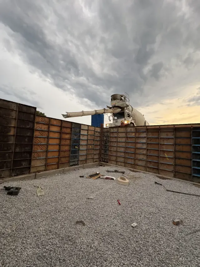 Concrete basement wall forms during foundation construction