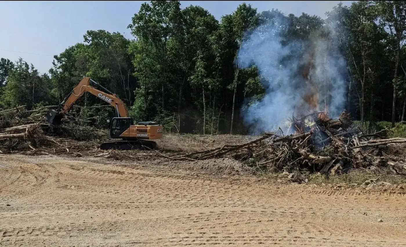 Excavator clearing a wooded work area